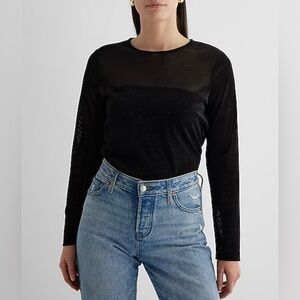 Express Women's Long Sleeve Tee Size XS Black Sheer Shine Crew Neck NWT $44